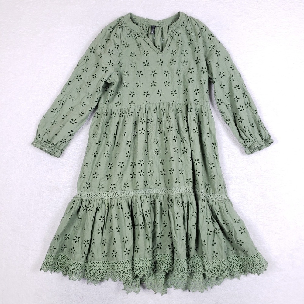 L.O.V. Eyelet Tiered Midi Dress M Long Sleeve Sage Green Boho Cottagecore Scallo